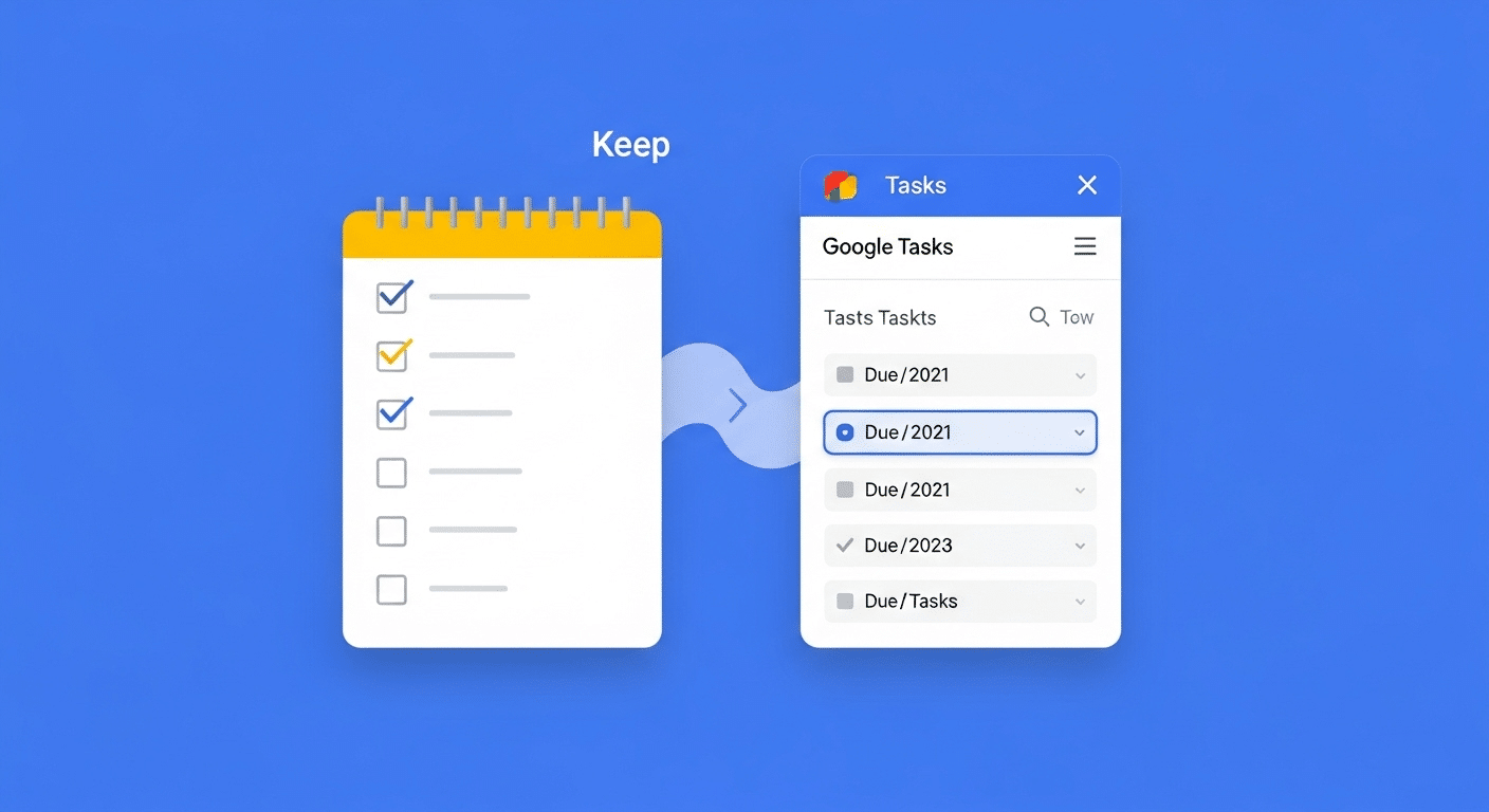 Integração do Google Keep com o Google Tasks, destacando uma lista de verificação para gerenciamento de tarefas