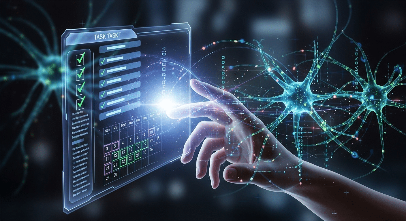 Interface de uma agenda digital com elementos de Inteligência Artificial e automação, mostrando sugestões de tarefas e otimização.