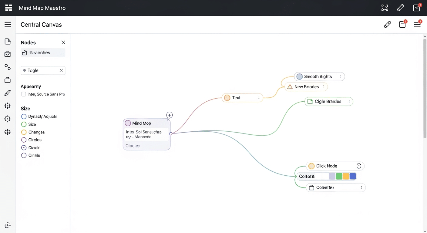 Interface limpa do aplicativo Coggle, com ramificações curvas e estilo visual elegante de um mapa mental.