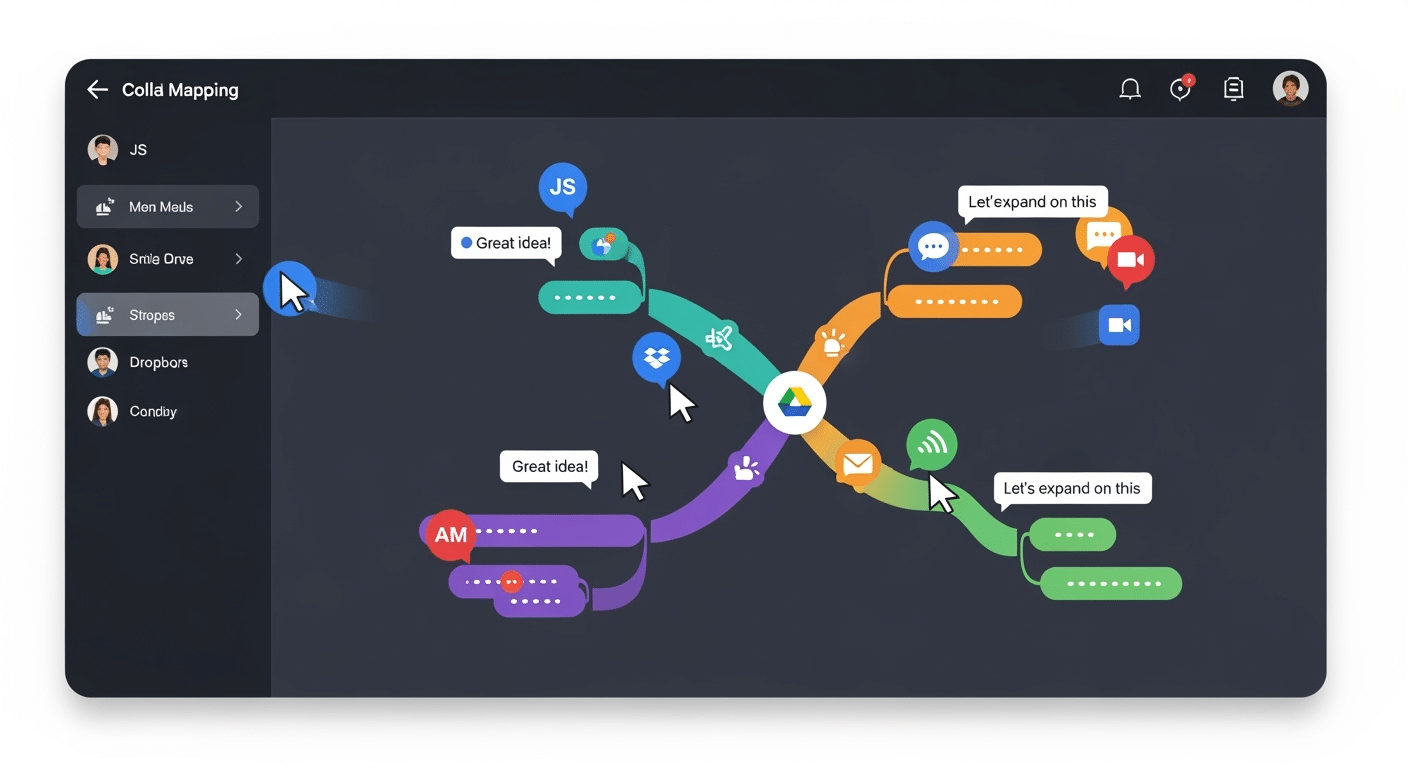 Interface do aplicativo MindMeister, exibindo um mapa mental colaborativo com diferentes tópicos e sub-tópicos.