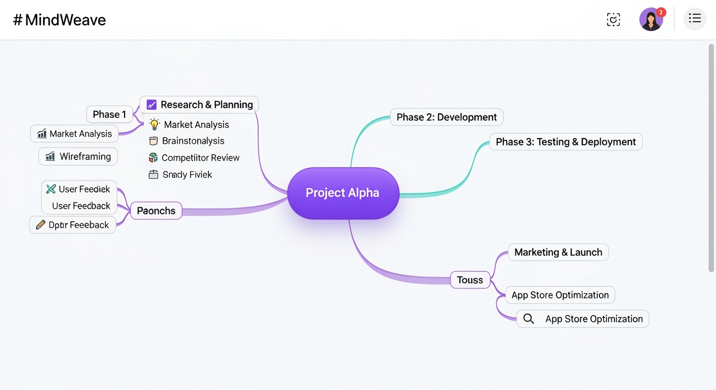 Captura de tela do aplicativo SimpleMind, mostrando um mapa mental detalhado e personalizável para uso offline.