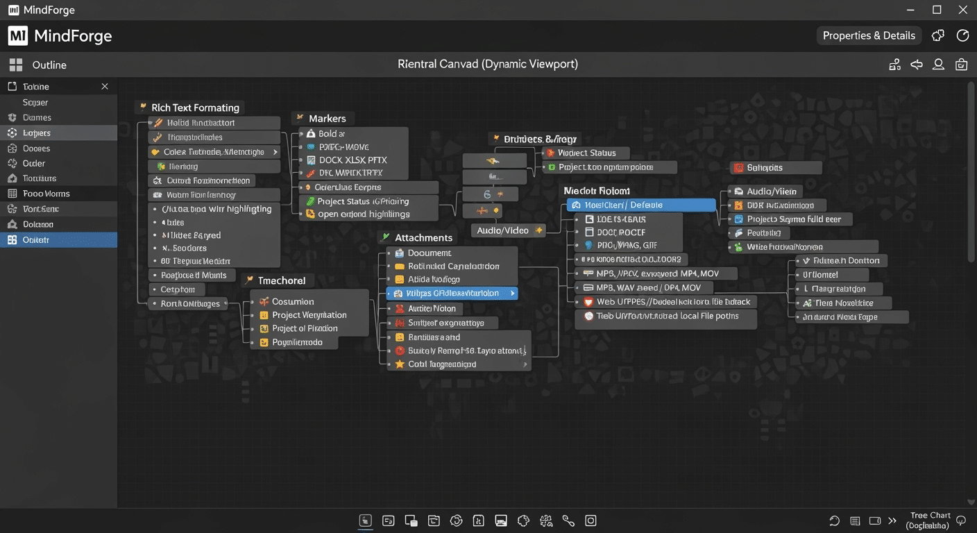 Captura de tela da interface do XMind, mostrando um mapa mental complexo com múltiplas estruturas e temas.