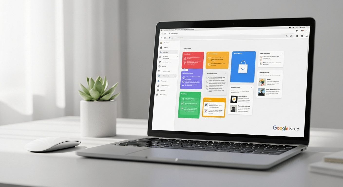 Interface limpa e intuitiva do Google Keep, com notas coloridas na tela inicial
