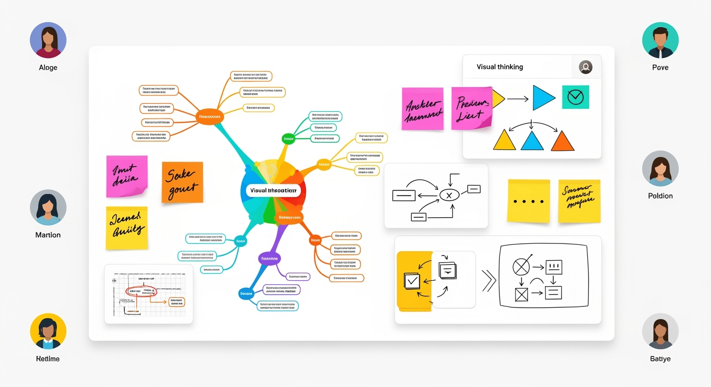 Exemplo de lousa colaborativa do Miro com elementos de mapa mental e outras ferramentas visuais.