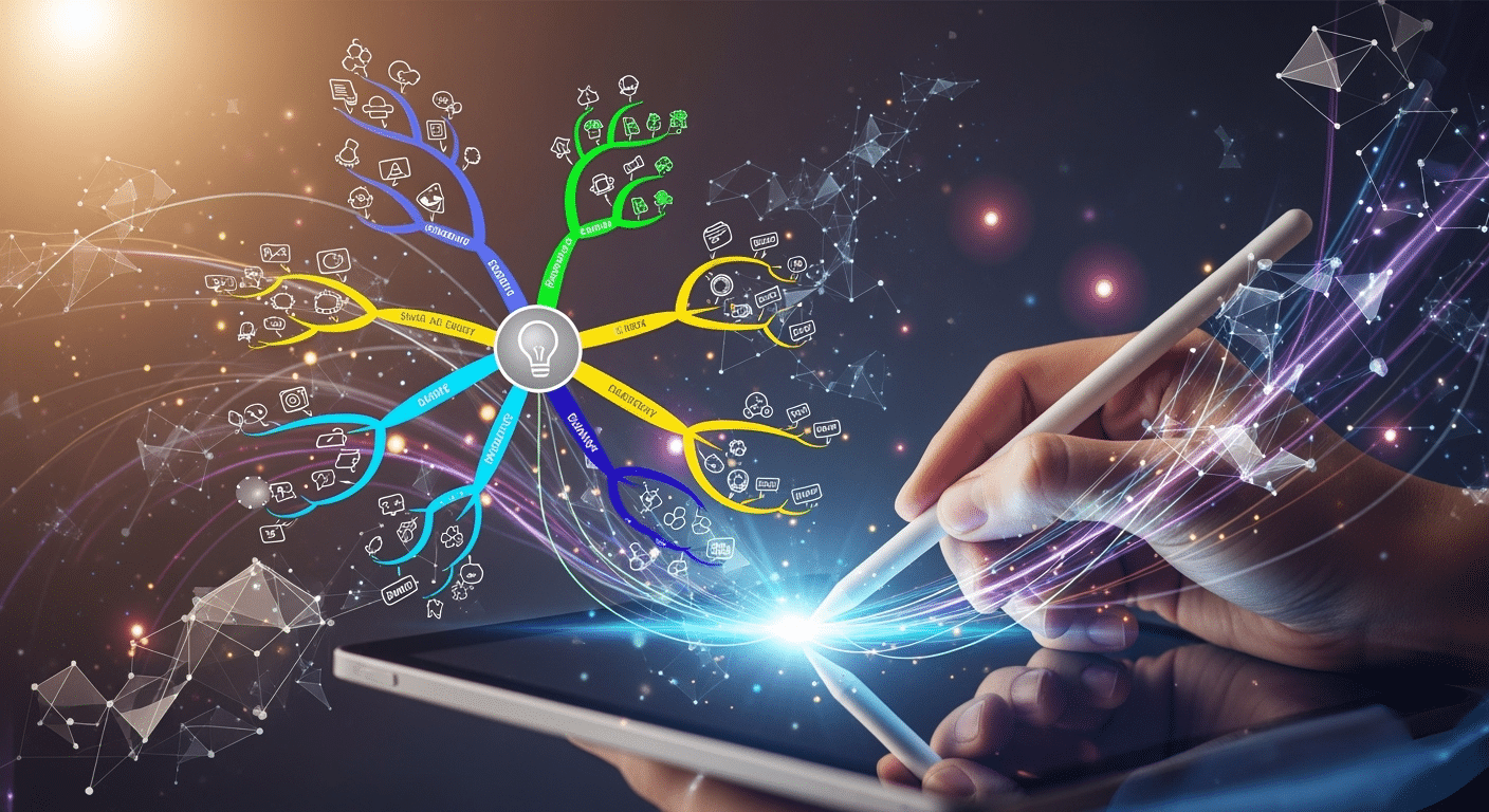 Uma mão desenhando um mapa mental em um caderno, simbolizando a criação manual de ideias.
