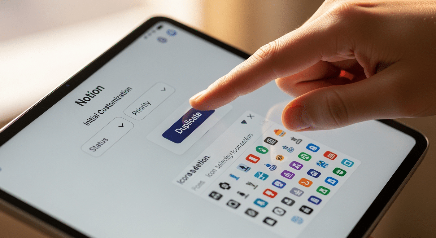 Demonstração visual do processo de instalação de um template Notion, mostrando o botão 'Duplicar' na página do template e uma tela inicial de personalização de propriedades e ícones.