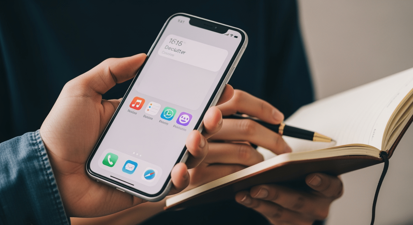 Uma mão segurando um smartphone, organizando aplicativos na tela inicial, representando a otimização e reintrodução intencional de tecnologias.