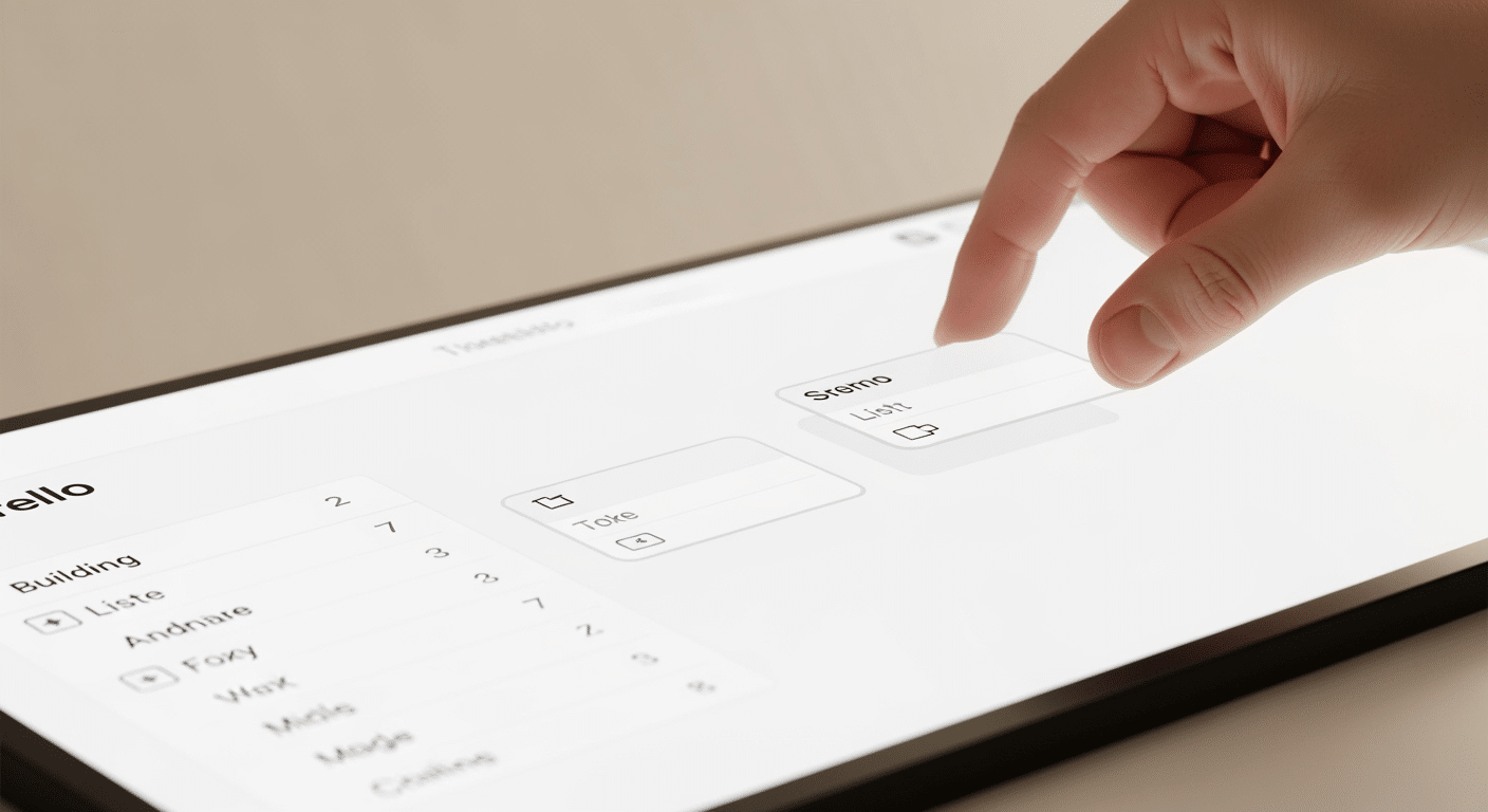 Mão organizando um cartão em um quadro do Trello, com detalhes de checklist e etiquetas visíveis, demonstrando personalização de tarefas.