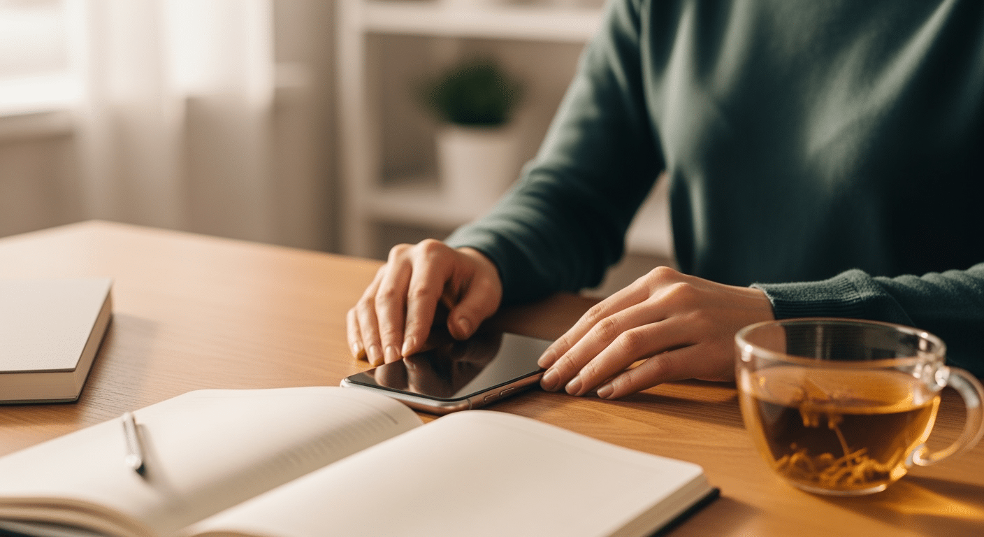 Mãos colocando um celular em modo avião ou fora de vista, simbolizando a desconexão e o controle sobre as distrações móveis.