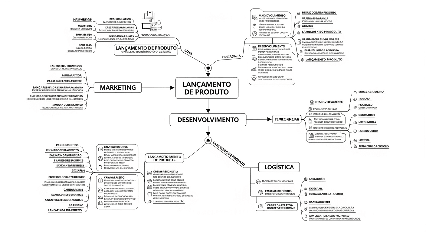 Mapa mental visualizando o planejamento de um evento ou projeto, com tarefas e responsabilidades ramificadas.