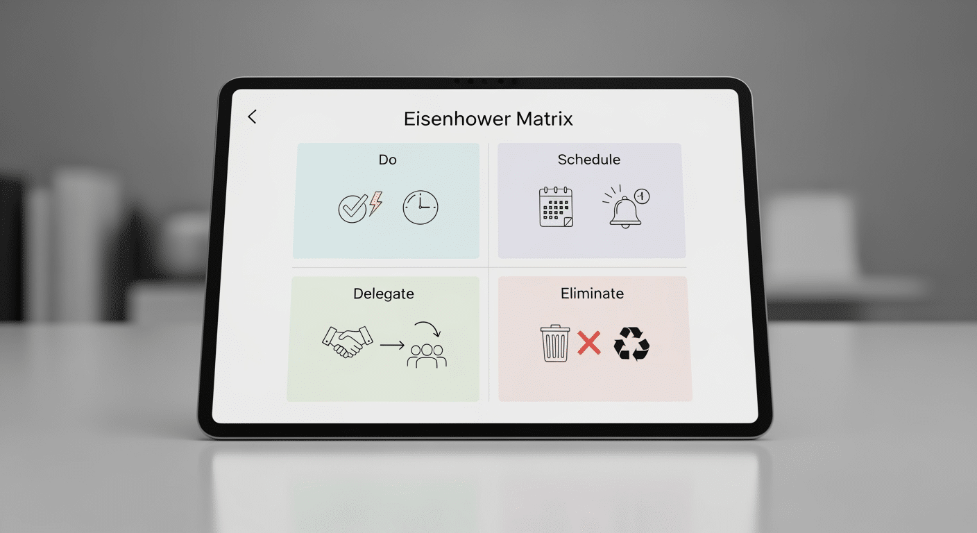 Exemplo visual de uma lista de tarefas organizada nos quadrantes da Matriz de Eisenhower em um aplicativo como Todoist ou ClickUp.