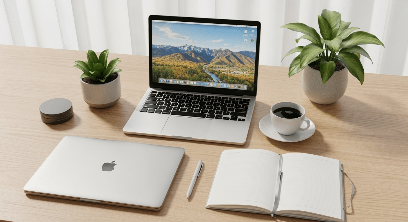 Mesa de estudos organizada com notebook, materiais e uma xícara de café, simbolizando um ambiente de aprendizado produtivo.
