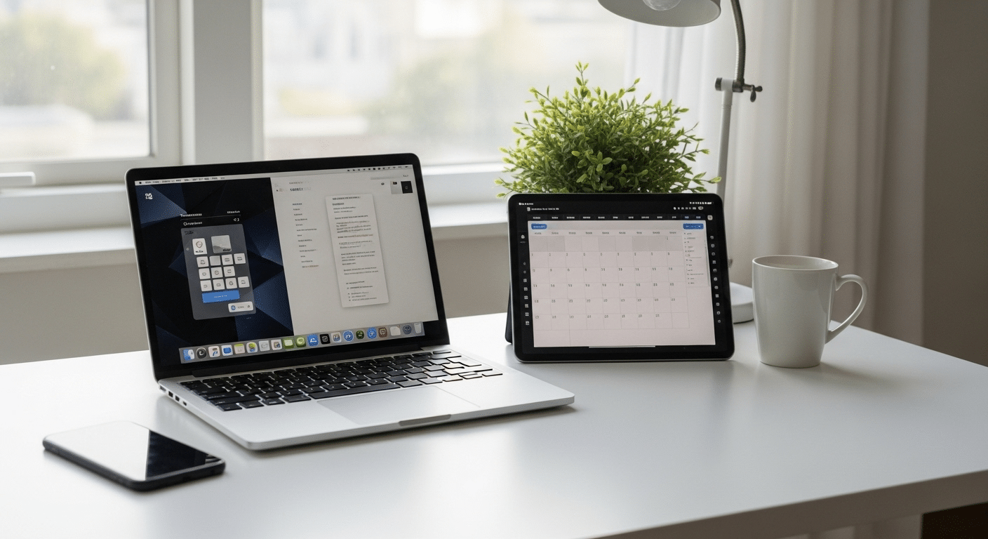 Mesa de home office minimalista e organizada com um laptop exibindo uma agenda digital.