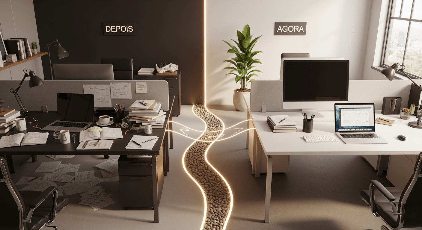 Mesa de trabalho bagunçada, simbolizando sobrecarga e procrastinação.