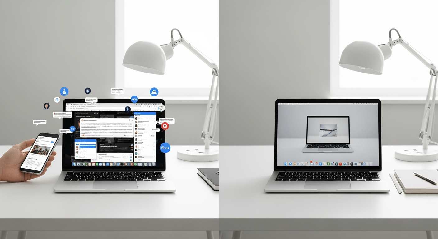 Mesa de trabalho dividida visualmente entre um lado focado e outro com distrações digitais.