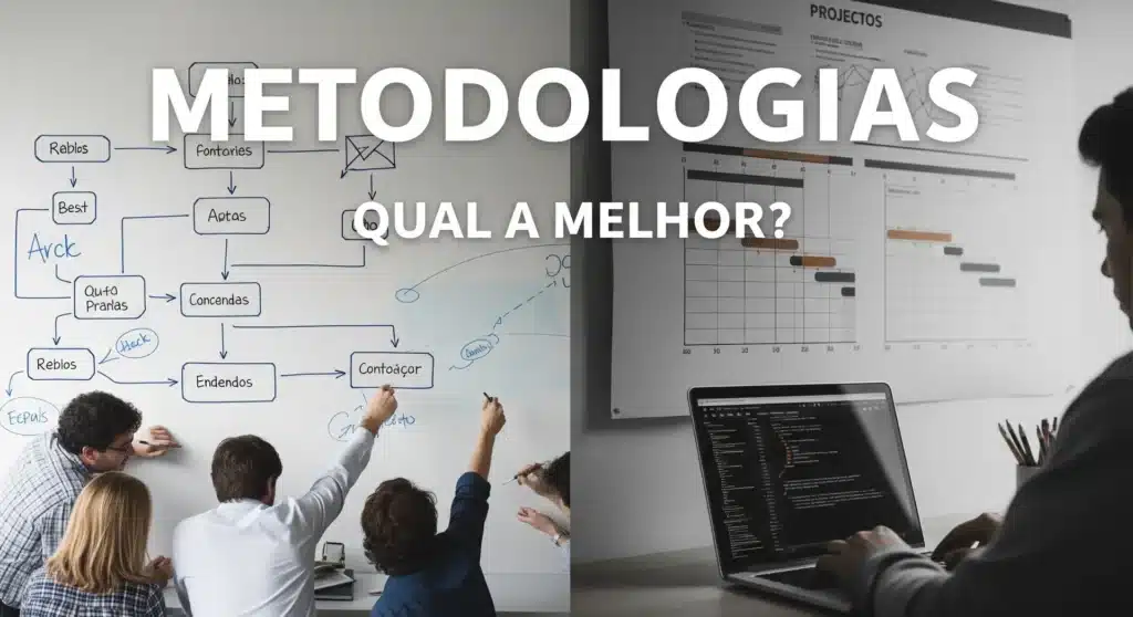 Thumbnail com texto "METODOLOGIAS QUAL A MELHOR?" sobre fundo com gráfico comparativo de diferentes frameworks