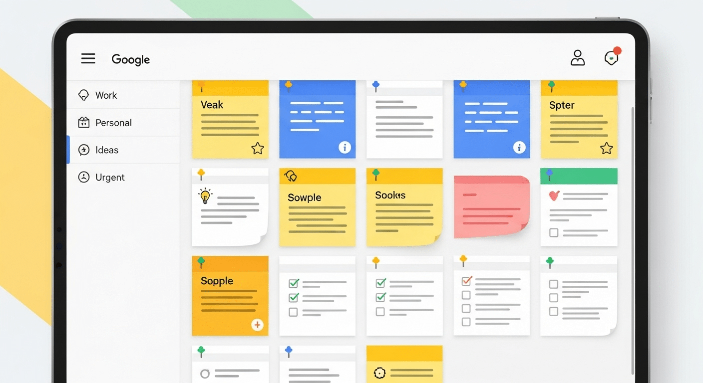 Captura de tela do Google Keep mostrando notas organizadas por cores e etiquetas