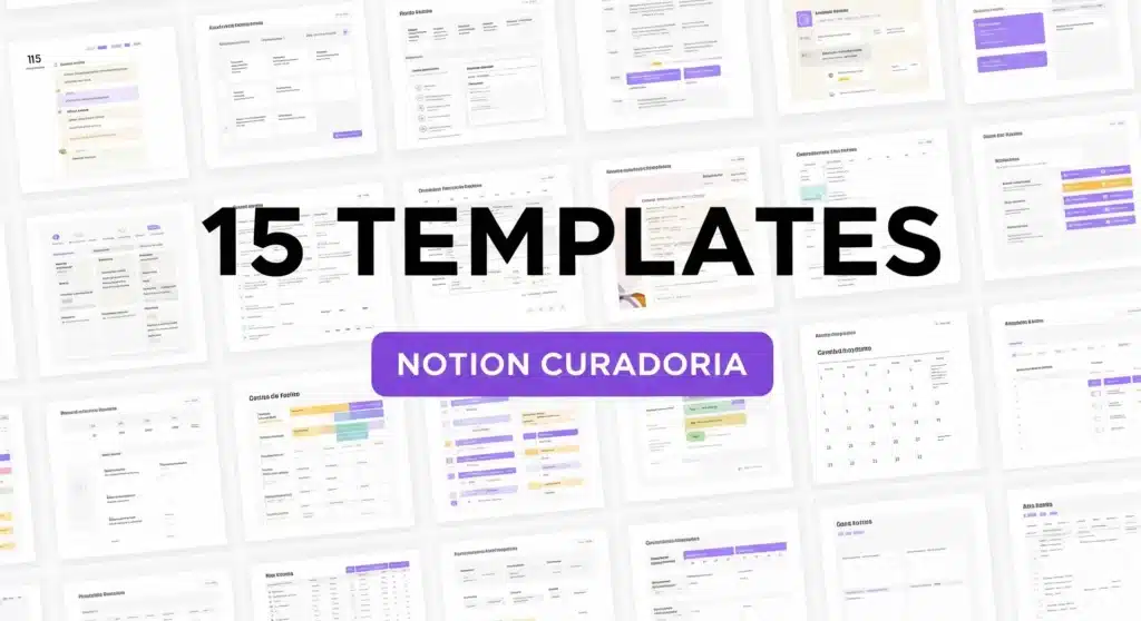 Thumbnail com texto "15 TEMPLATES NOTION CURADORIA" sobre grade mostrando prévias de templates organizados