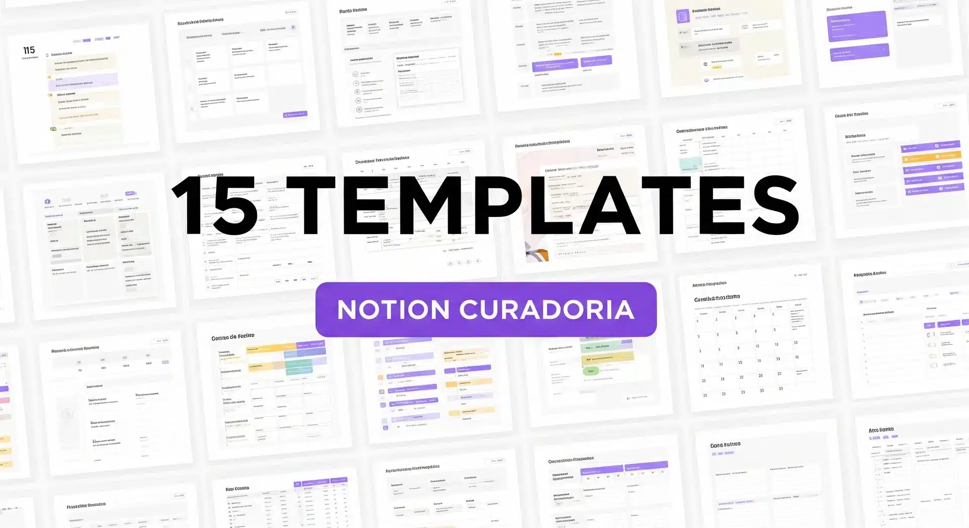 Thumbnail com texto "15 TEMPLATES NOTION CURADORIA" sobre grade mostrando prévias de templates organizados