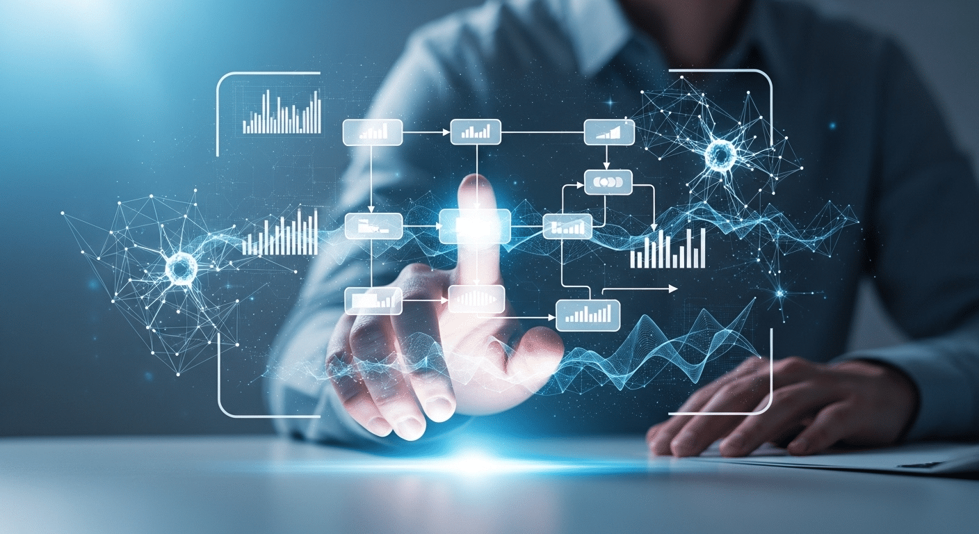 Conceito de futuro da automação com inteligência artificial, personalização e fluxos de trabalho inteligentes