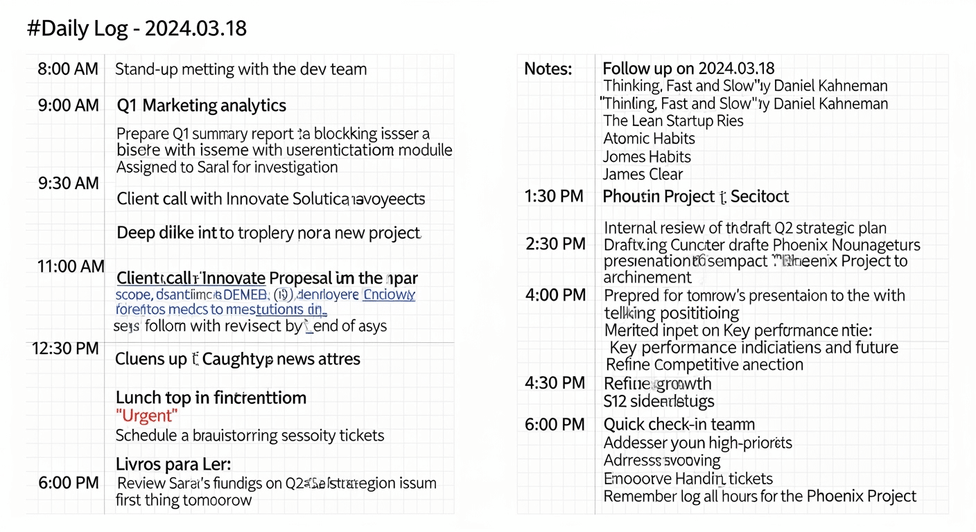 Uma página do Goodnotes com um template de Bullet Journal digital personalizado, com caligrafia e elementos visuais destacados, mostrando um Daily Log com tarefas, eventos e notas, e uma pequena coleção de 'livros para ler'