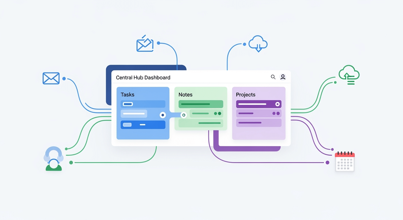 Captura de tela de um painel centralizado no Notion, mostrando listas de tarefas, projetos em andamento e notas rápidas em diferentes visualizações.