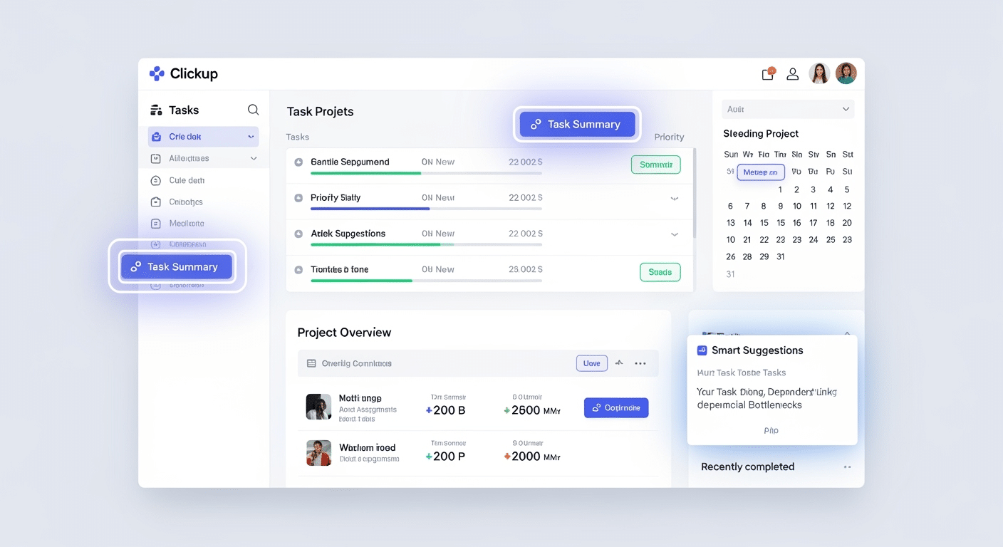 Captura de tela do painel de controle do ClickUp mostrando uma visão geral de tarefas e menção a recursos de IA.