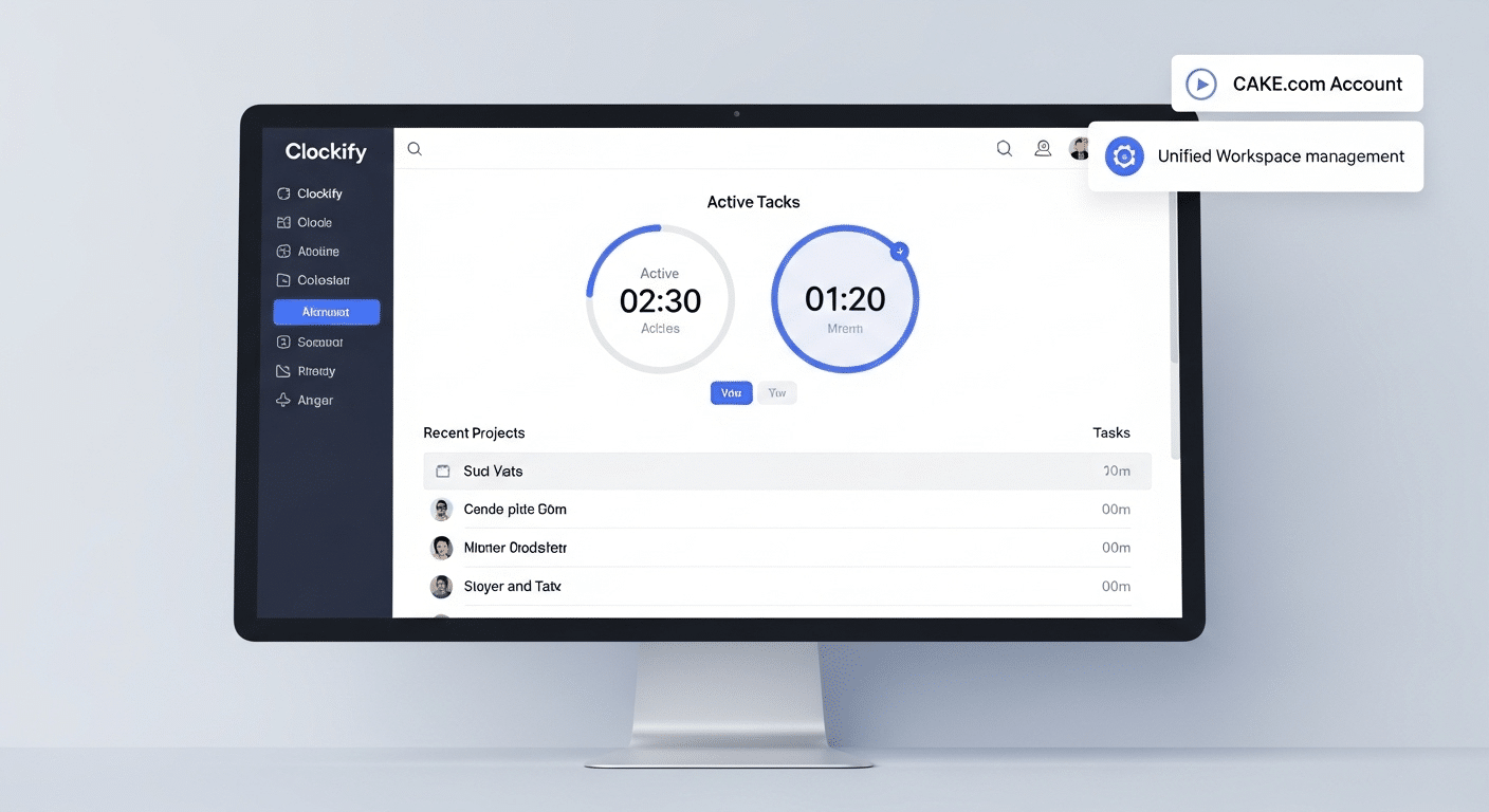 Captura de tela do painel do Clockify mostrando o timer ativo, lista de projetos recentes e a nova interface unificada do CAKE.com Account para gerenciamento de workspaces.