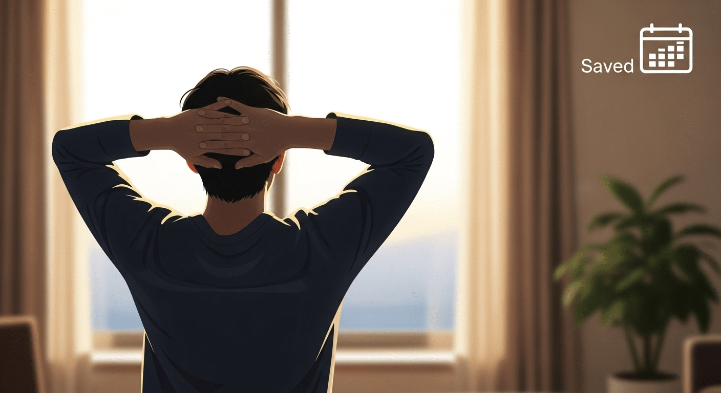 Silhueta de uma pessoa em paz com o pôr do sol, representando o equilíbrio entre vida pessoal e profissional alcançado com a gestão eficiente do tempo.