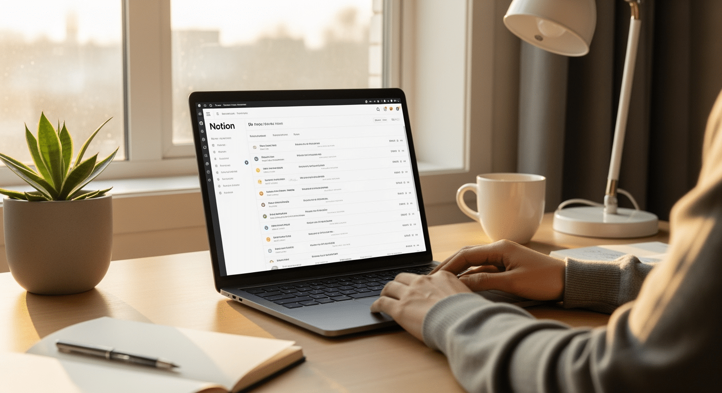 Pessoa focada em um laptop com a interface do Notion aberta, simbolizando produtividade e organização.