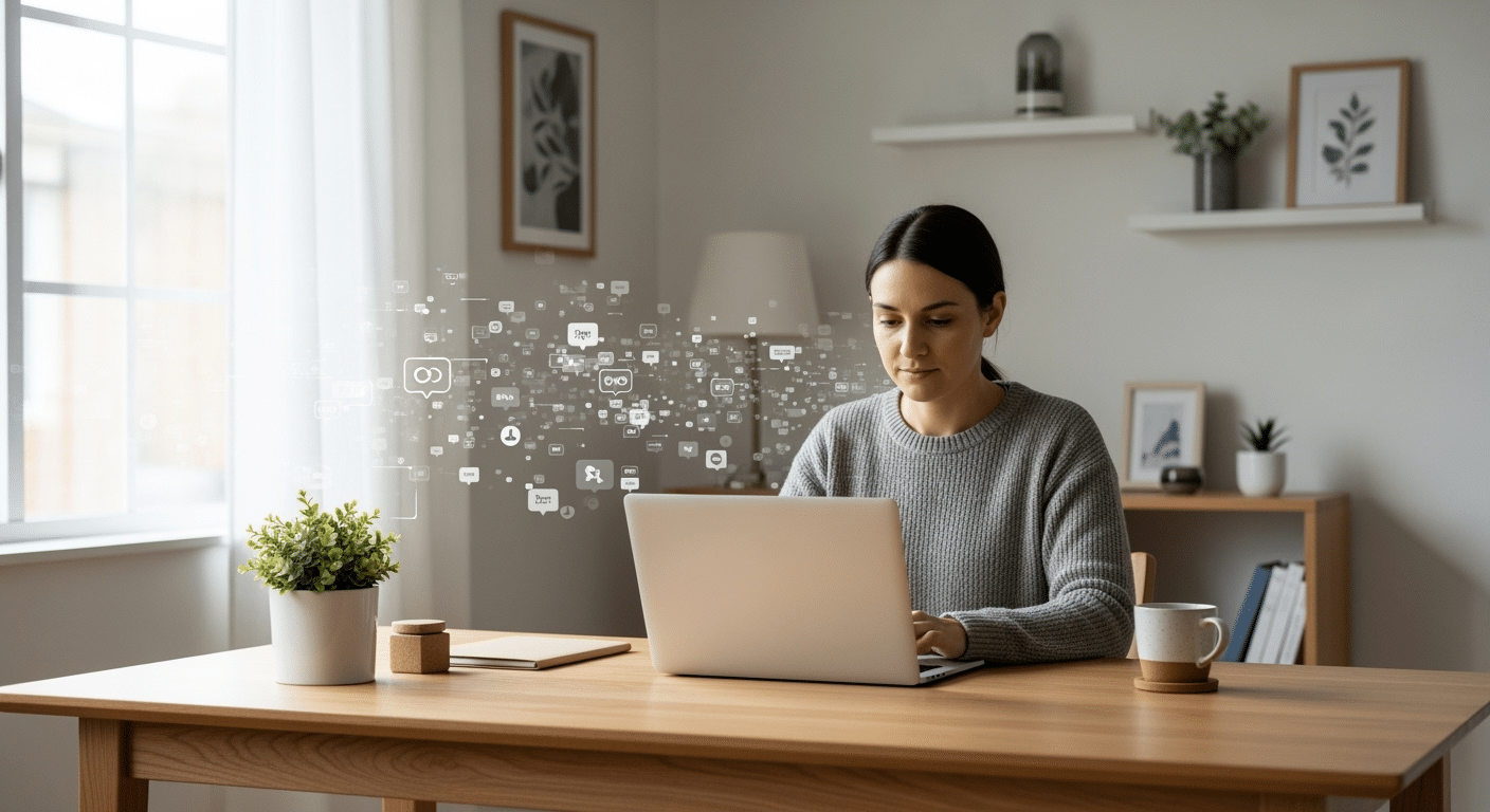 Uma pessoa concentrada trabalhando em seu computador em um ambiente tranquilo, simbolizando o foco aprimorado pelo minimalismo digital.
