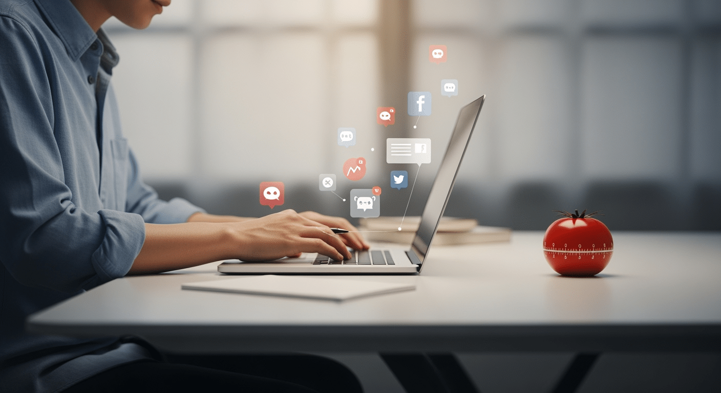 Pessoa focada em mesa de trabalho com cronômetro Pomodoro, simbolizando concentração e o uso da técnica.