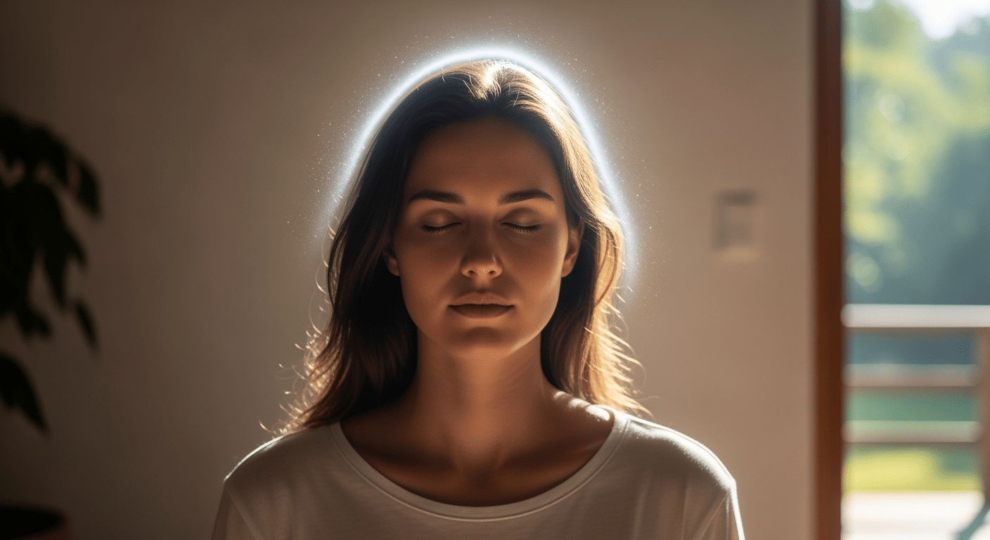 Uma pessoa meditando serenamente em um ambiente natural, refletindo o bem-estar e a tranquilidade que o minimalismo digital pode trazer.