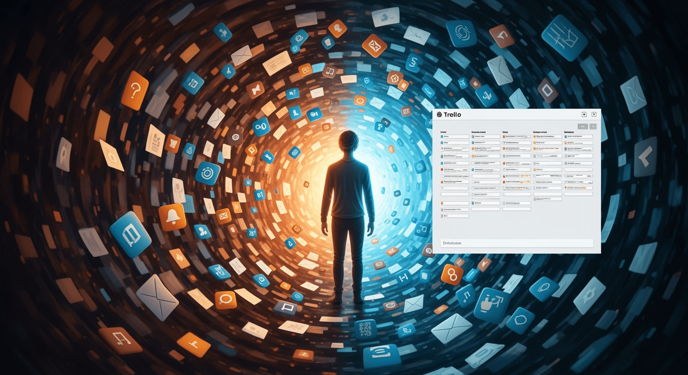Pessoa sobrecarregada com múltiplas tarefas e documentos espalhados, simbolizando a desorganização digital.