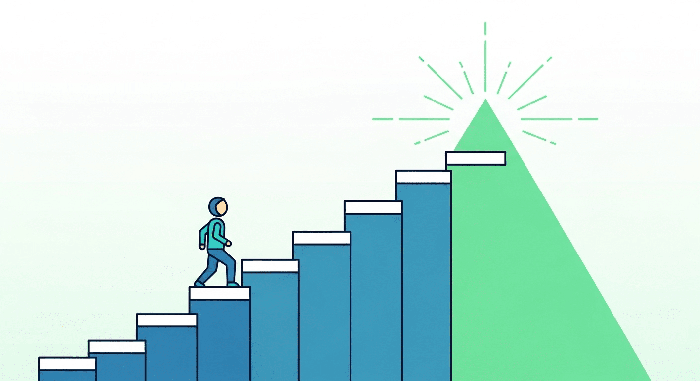 Pessoa subindo um caminho de degraus em uma montanha, simbolizando superação e aprendizado gradual.