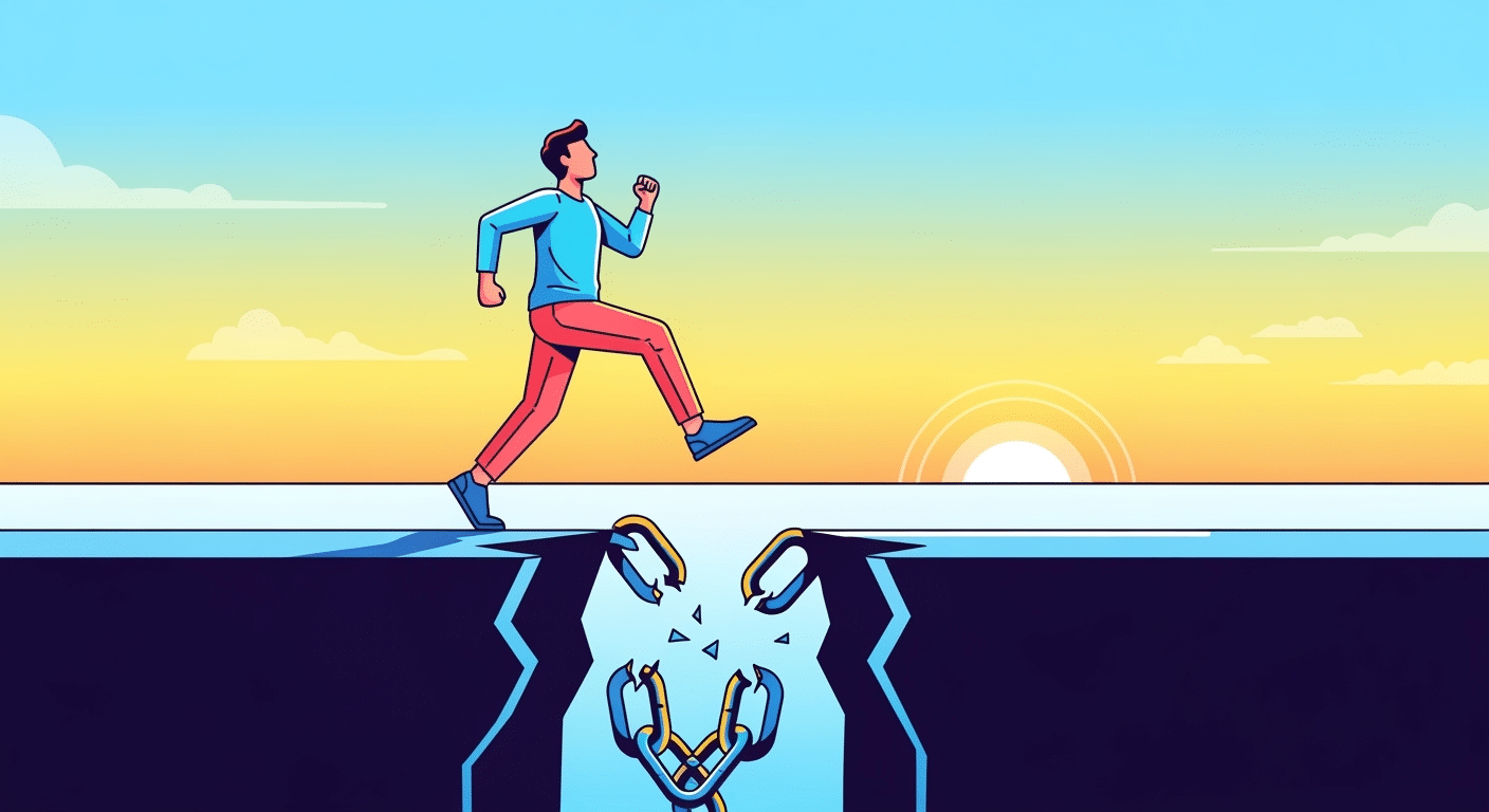 Pessoa se libertando das correntes da procrastinação, simbolizando o fim do ciclo de adiamento.