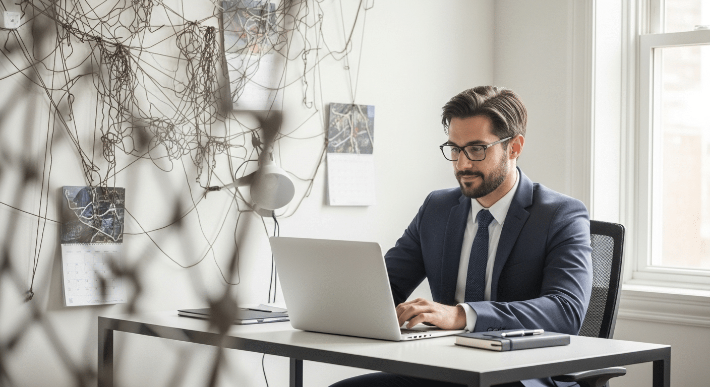 Uma pessoa trabalhando focada em seu computador, representando produtividade e eficiência.