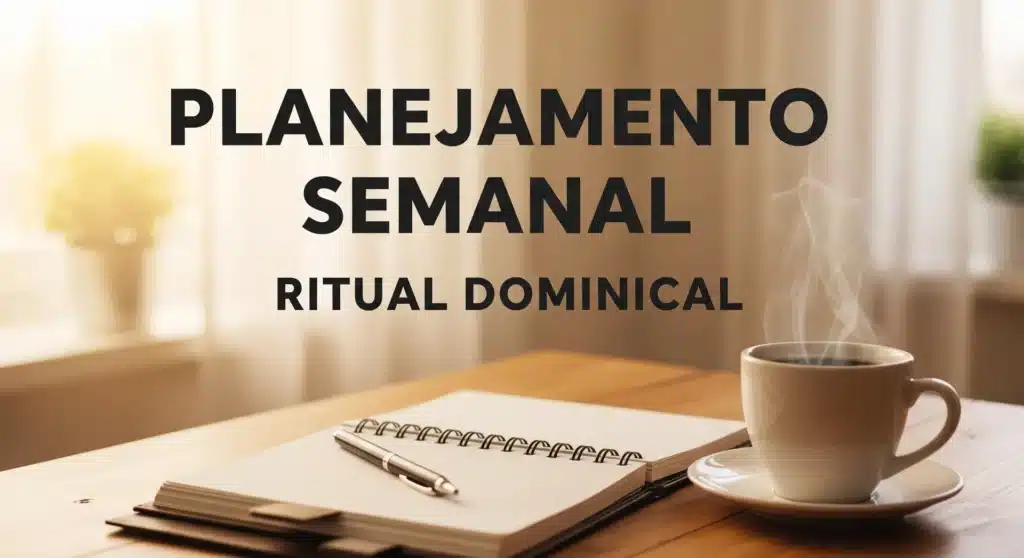 Thumbnail com texto "PLANEJAMENTO SEMANAL RITUAL DOMINICAL" sobre fundo acolhedor com agenda e café em mesa de madeira