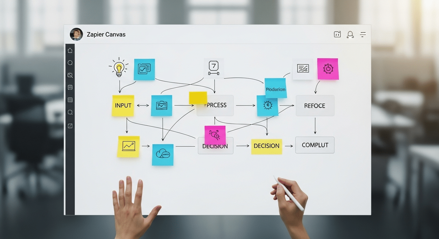 Captura de tela do Zapier Canvas em uso, diagramando um processo complexo com setas e caixas, ou da interface do Zapier Tables com dados de exemplo organizados em colunas e linhas