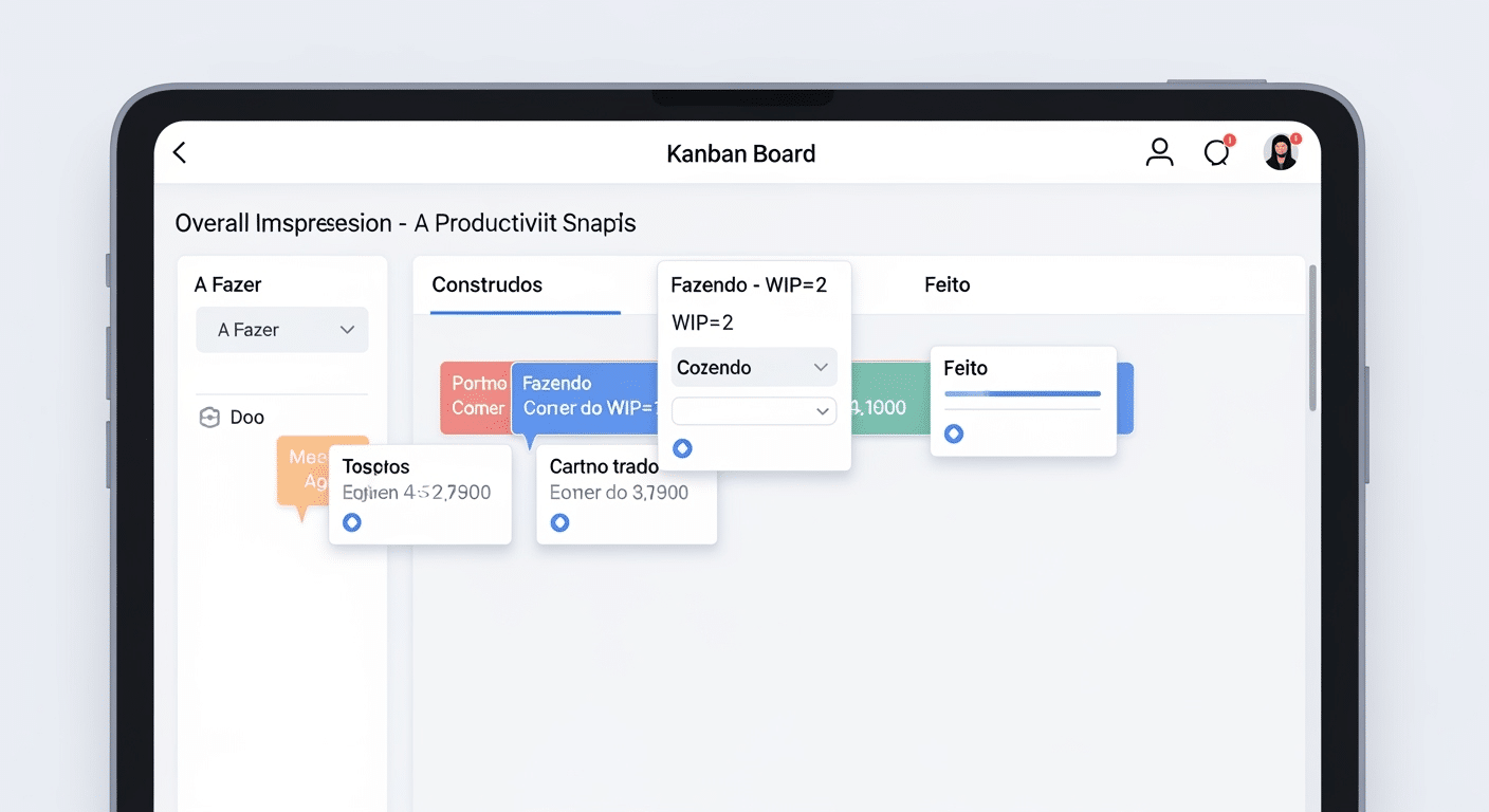 Um quadro Kanban no Trello ou Notion com as colunas 'Backlog', 'A Fazer', 'Fazendo (WIP=2)', 'Aguardando' e 'Feito', com vários cartões de tarefas distribuídos entre elas.