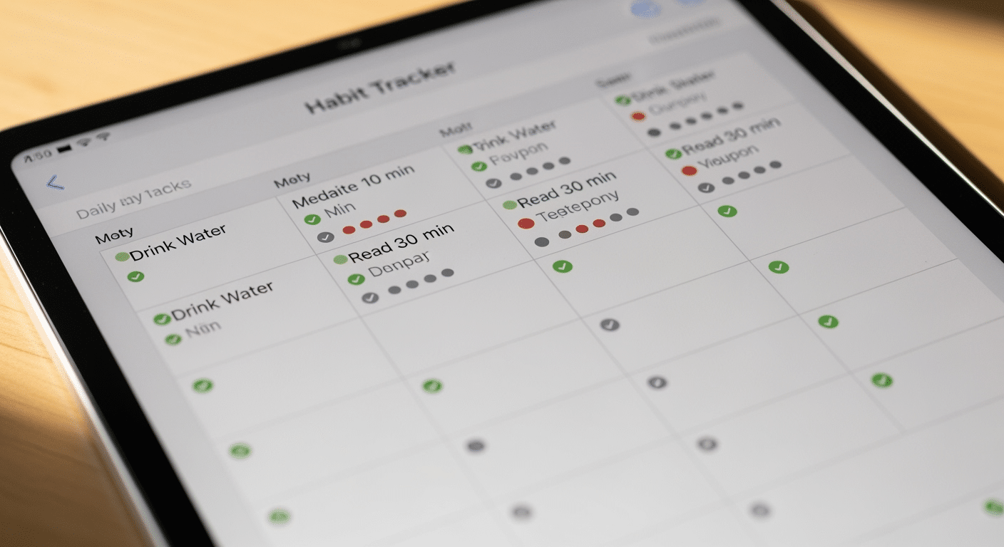 Um rastreador de hábitos preenchido em um planner digital, visualizando o progresso ao longo do mês com marcações diárias.