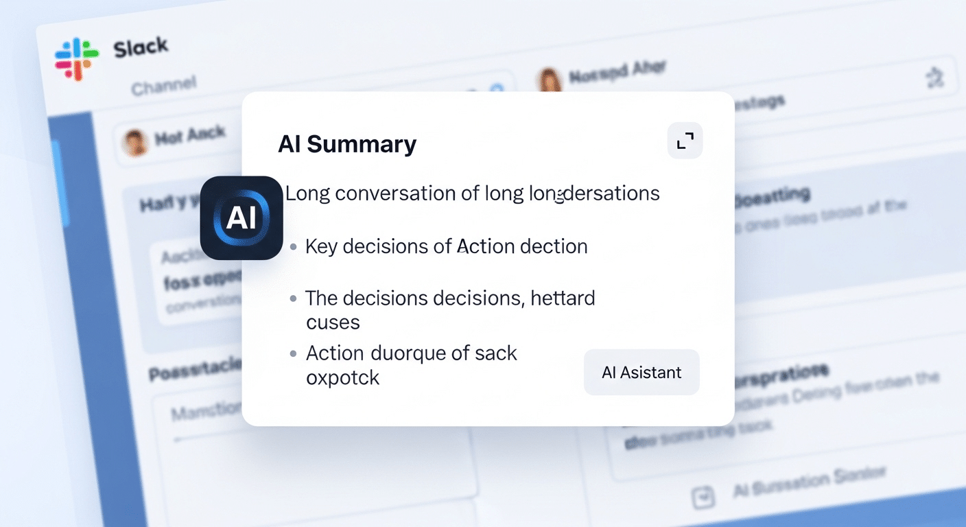 Captura de tela da interface do Slack com a funcionalidade de IA em destaque, mostrando um resumo de conversa gerado automaticamente