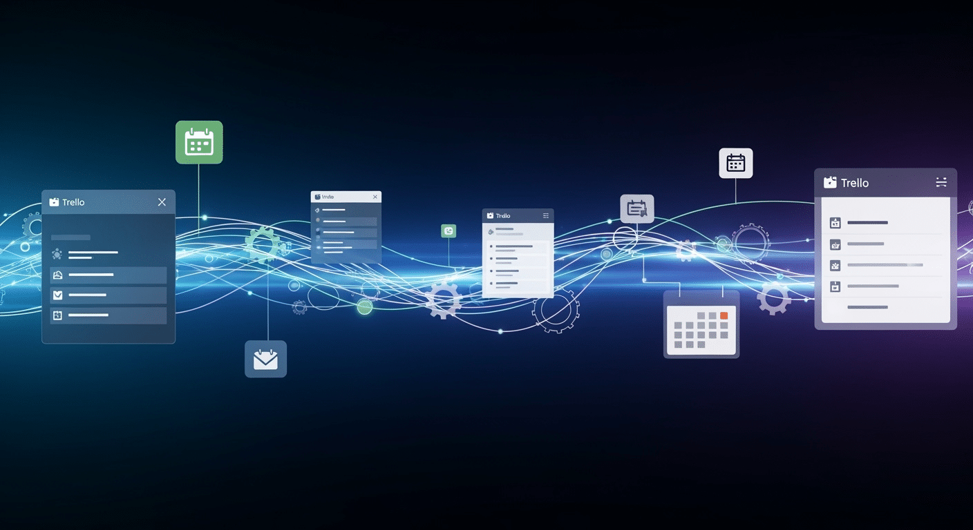 Representação visual de um quadro de exemplo do Trello para gerenciamento de hábitos diários ou planejamento financeiro pessoal, com diferentes listas para acompanhamento de progresso e etiquetas para categorização.