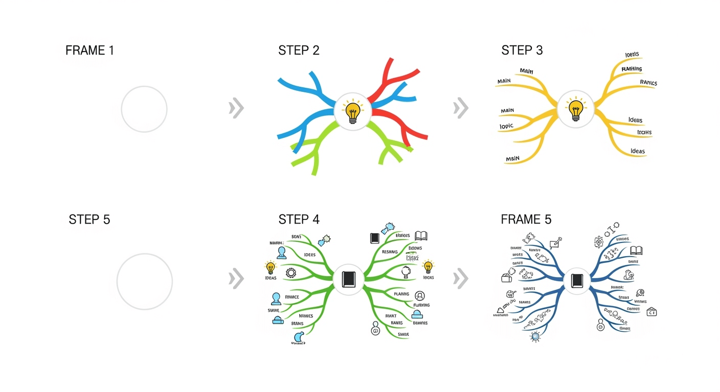 Sequência visual mostrando as etapas de construção de um mapa mental do conceito central aos detalhes.