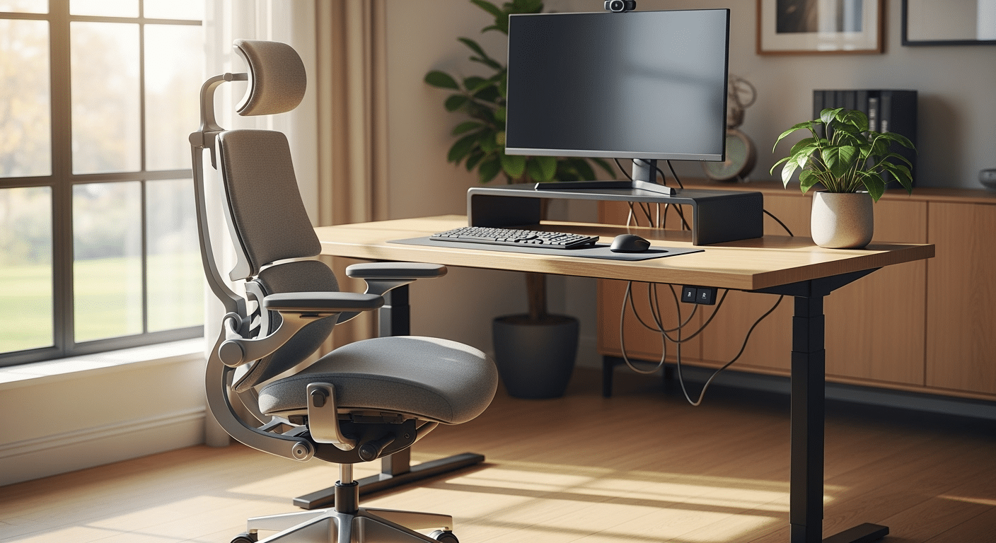 Captura de tela de um setup de home office ergonômico, mostrando cadeira, monitor na altura correta, teclado, iluminação e organização dos cabos para um ambiente confortável e produtivo.