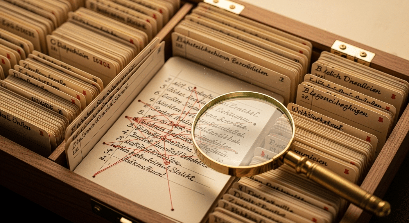 Representação visual do sistema Zettelkasten físico com caixas de fichas interconectadas.