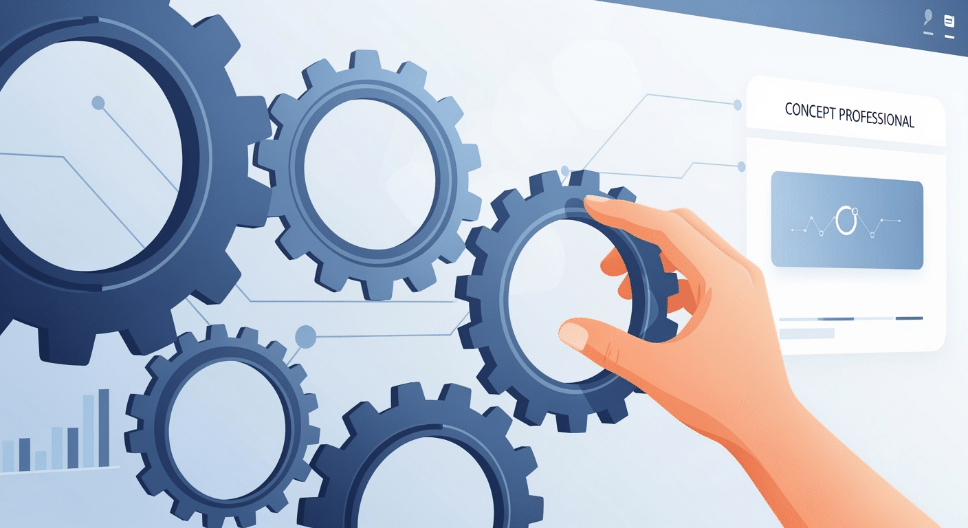Representação visual de um sistema digital em constante evolução, com engrenagens e setas indicando adaptação e melhoria contínua.