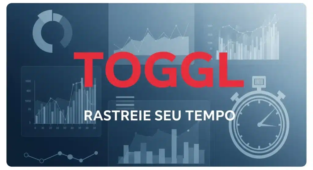 Thumbnail com texto "TOGGL RASTREIE SEU TEMPO" sobre gráficos de rastreamento de tempo e cronômetro em design analítico