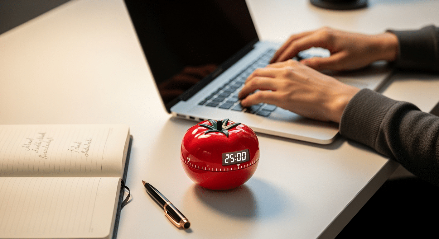 Imagem representando a Técnica Pomodoro em ação, com um timer e blocos de tempo de foco e descanso.