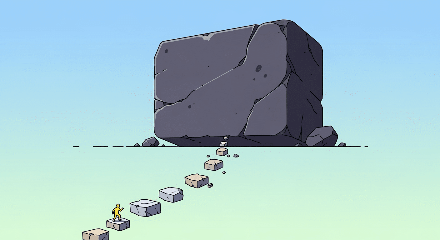 Ilustração de uma tarefa grande sendo dividida em pequenas etapas gerenciáveis.